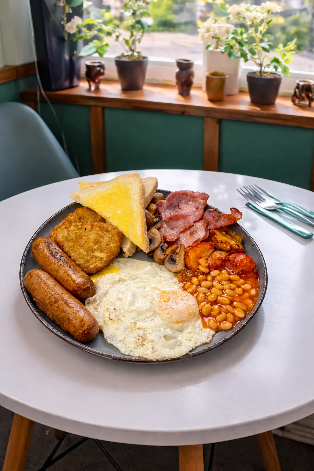 A cooked breakfast served beside the window at Siam Corner