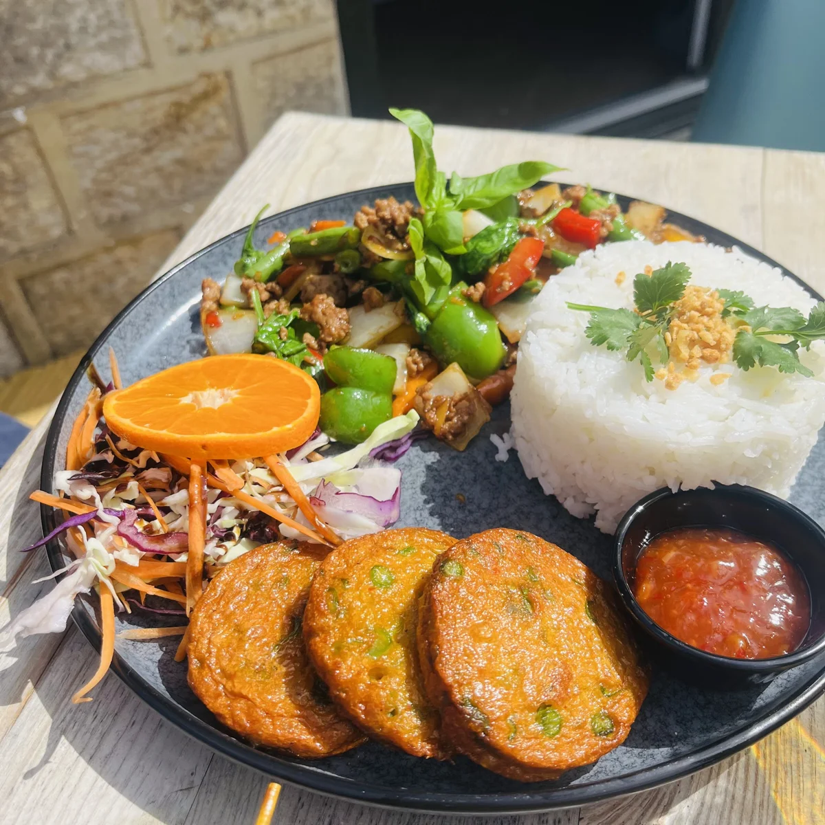 A Thai platter with rice and vegetables at Siam Corner